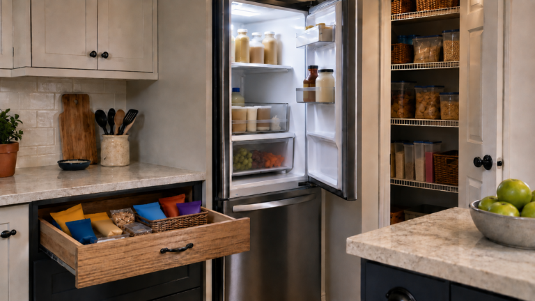 Illustrative shared kitchen with separate daily, refrigerated and reserve snack-storage areas.