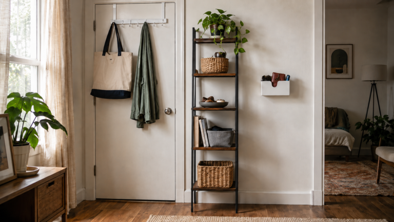 Illustrative rental entry area with over-door, freestanding and light removable wall storage.