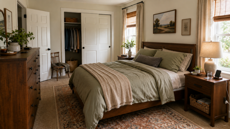 Illustrative bedroom with serviceable existing furniture, clear walking paths and practical daily-use details.