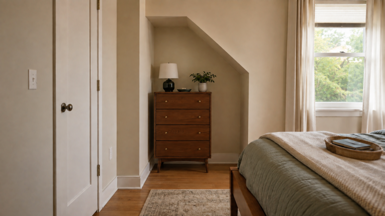 Illustrative bedroom alcove with a freestanding chest, clear walking space and adjacent architectural constraints.