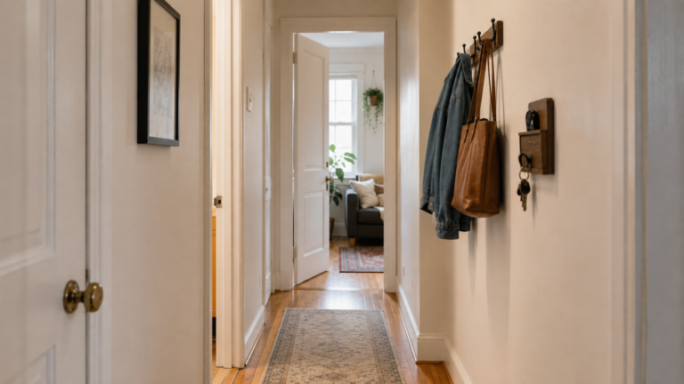 Illustrative narrow hallway with wall hooks and a key holder while the walking route and doors remain clear.