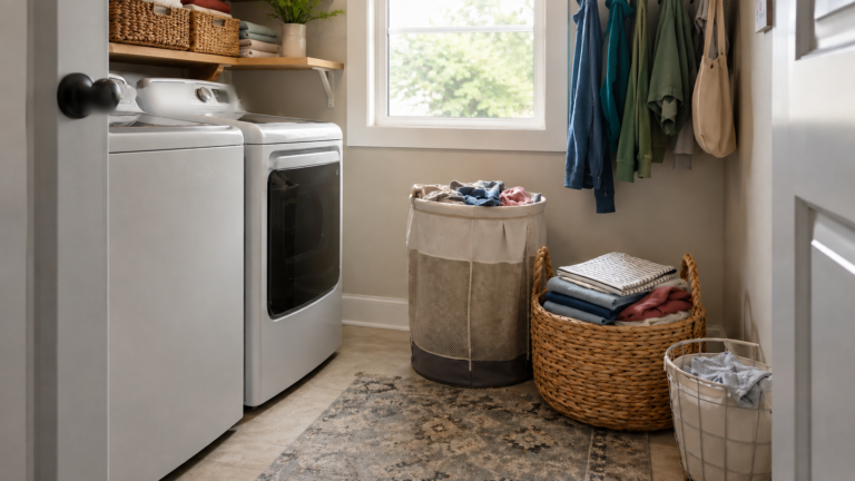 Illustrative family laundry area with separate baskets for incoming dirty laundry and clean clothes waiting to return to rooms.