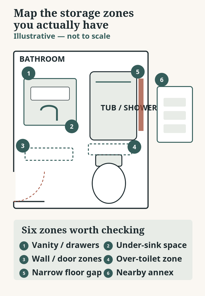 Illustrative bathroom storage zone map showing vanity, over-toilet, door, floor and nearby overflow storage zones.