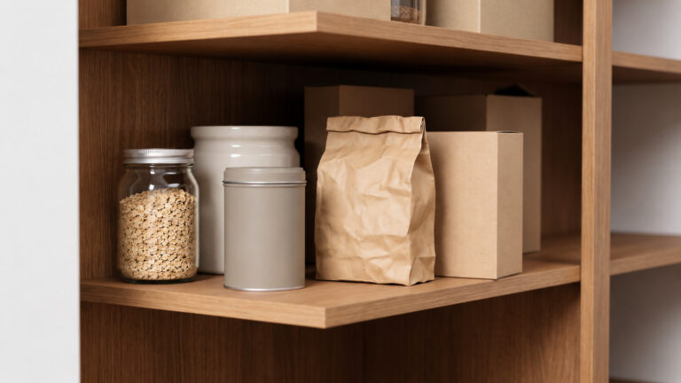 Deep pantry shelves with frequently used items near the front and less-visible backstock farther behind.