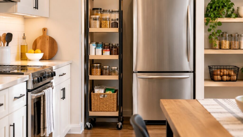Illustrative no-pantry kitchen using open shelves and a rolling cart for food storage.