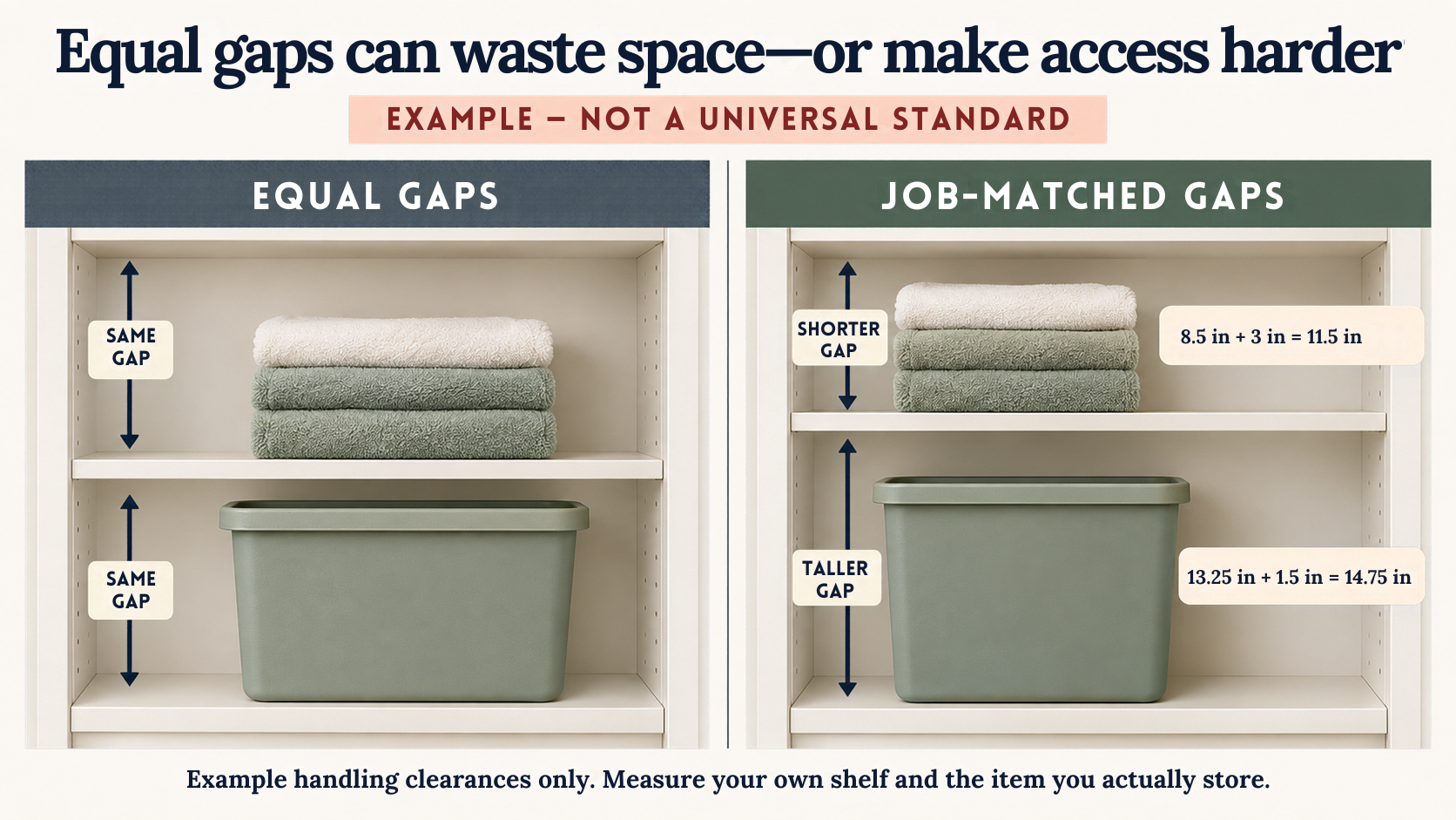 Example comparison showing equal shelf gaps versus job-matched gaps for a folded towel stack and storage bin.