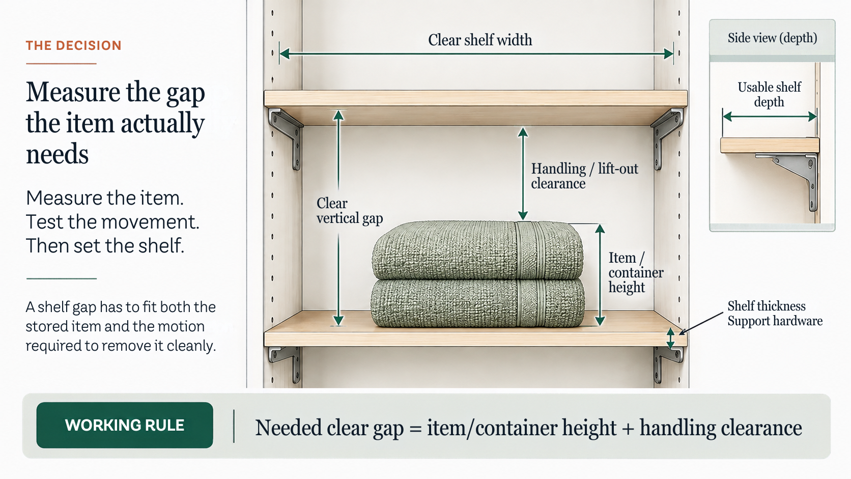 Diagram showing that the clear shelf gap must fit the item or container height plus handling clearance, alongside shelf width, usable depth and hardware constraints.