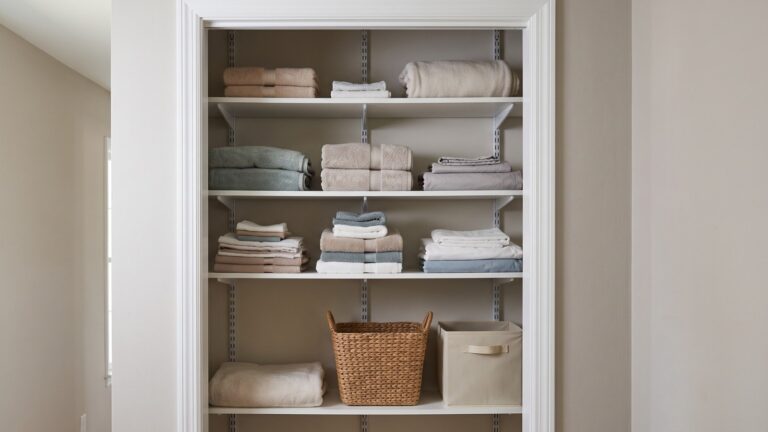 Reach-in linen closet with adjustable shelves, short folded-linen stacks and taller basket and bin storage zones.