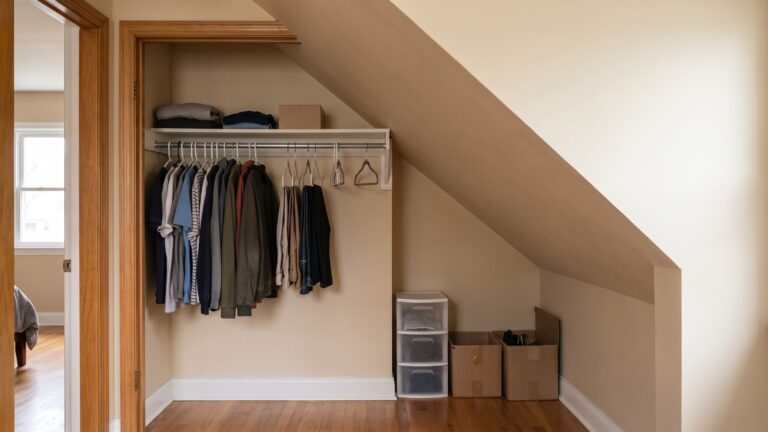 Small closet under a sloped ceiling with hanging clothes and limited usable storage height toward the low end of the slope.