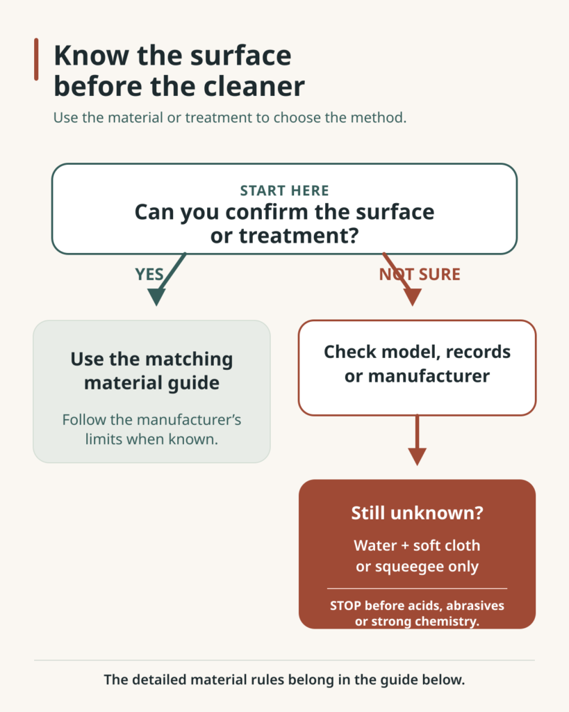 Decision graphic showing that known shower surfaces follow matching material guidance, while uncertain surfaces should be identified before stronger cleaning methods are used.