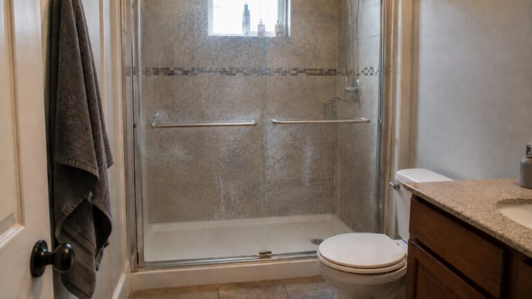 AI-generated illustration of an ordinary bathroom shower with dried soap-scum and mineral-film buildup on the glass.