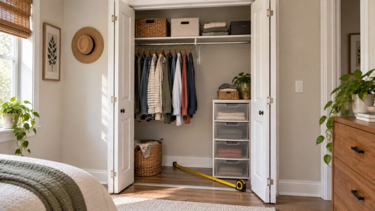 Open reach-in closet with hanging clothes, a shallow drawer unit and a tape measure checking usable depth from the back wall to the front threshold.