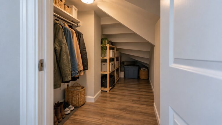 Open under-stairs closet with coats hanging in the taller front section and storage extending into a lower, deeper area beneath the stair slope.