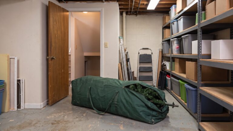 Illustration of a packed artificial Christmas tree storage bag beside a doorway and storage bay, showing that the package, route and final space all need to fit.