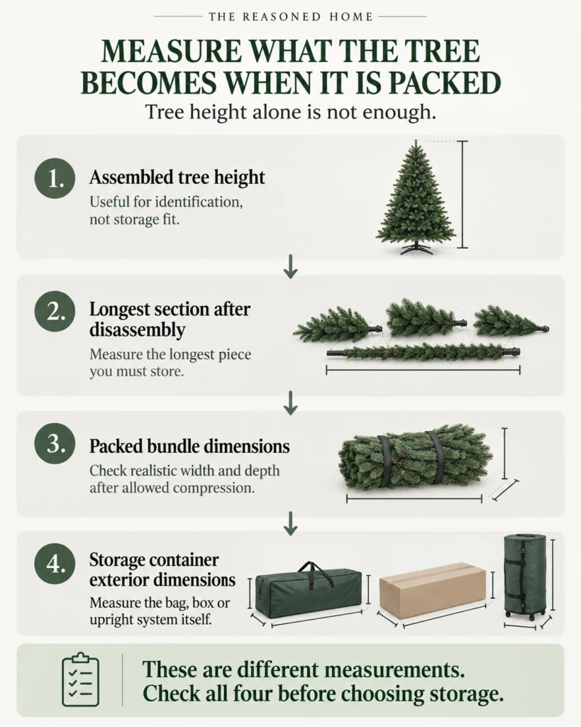 Diagram showing that assembled tree height, longest section length, packed bundle dimensions and storage-container exterior dimensions are different measurements to check before choosing tree storage.