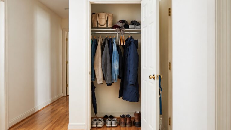 Small entryway coat closet with hanging coats, an upper shelf and a limited floor zone for everyday storage.