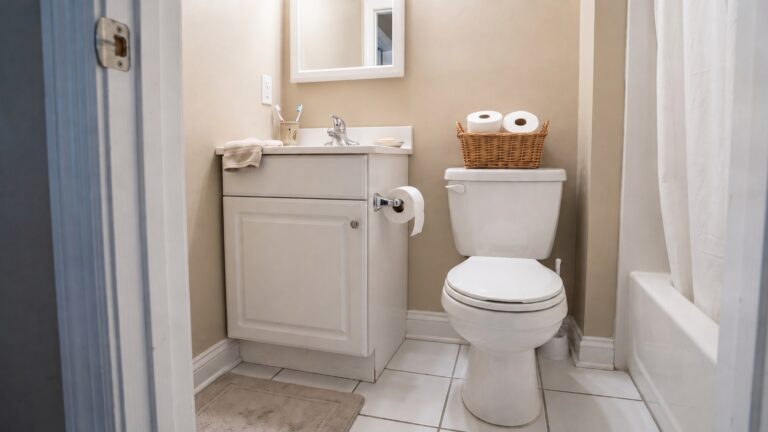 Small bathroom with a toilet, wall-mounted roll holder and limited nearby space for spare toilet paper storage.