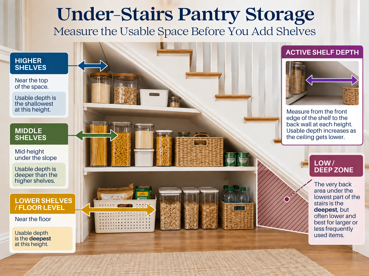 Under-stairs pantry diagram showing shallower usable depth at higher shelves, deeper usable depth at lower shelves, active shelf depth and the low/deep zone.