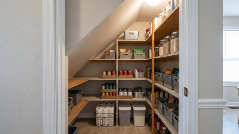 Under-stairs pantry with sloped ceiling, open shelving and storage zones of different usable depths.