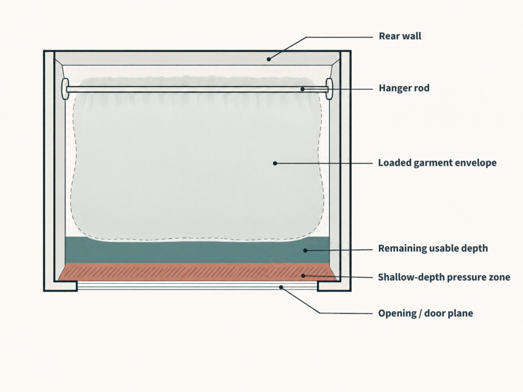 Top-down schematic of a shallow reach-in closet showing loaded garments consuming most of the front-to-back depth near the opening.