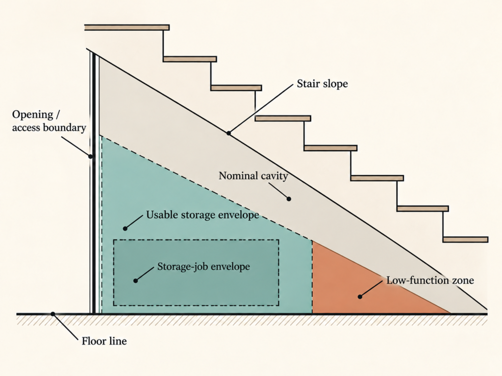 Side-section diagram showing the full under-stairs cavity, the smaller usable storage envelope, a low-function zone, access boundary and a nested storage-job envelope.