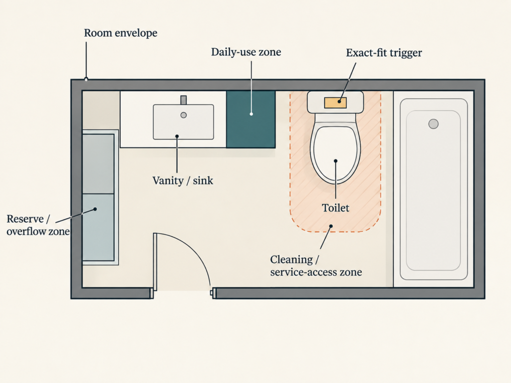 Top-down bathroom diagram showing daily-use, reserve and overflow, cleaning and service-access zones, plus an exact-fit trigger.