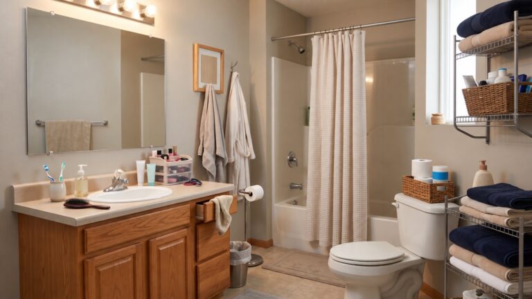 Ordinary bathroom with multiple storage zones across the vanity, toilet area and open shelving, showing whole-room organization pressure.