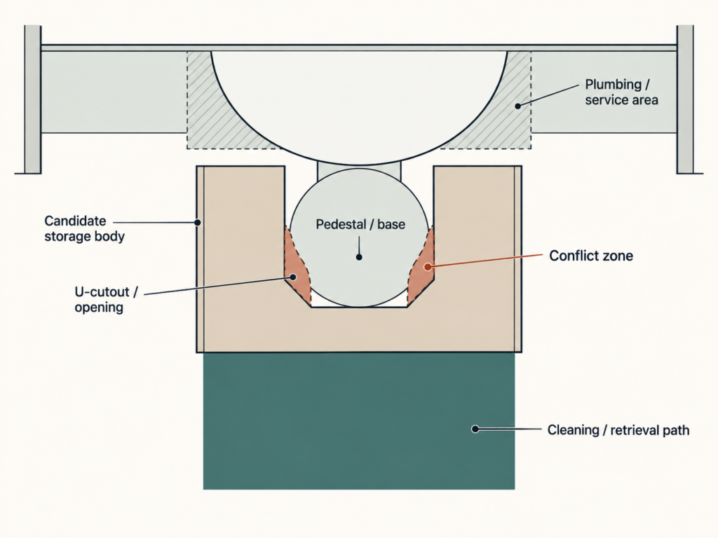 Top-down diagram showing a pedestal sink base that is too wide for a cabinet U-cutout, with plumbing, conflict zones, and cleaning access.