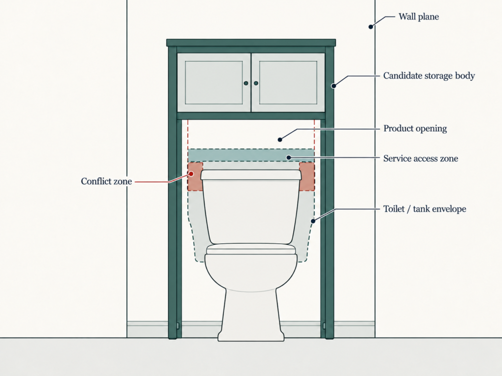 Front-elevation diagram showing an over-toilet storage body that fits the wall while the toilet tank conflicts with the product opening.