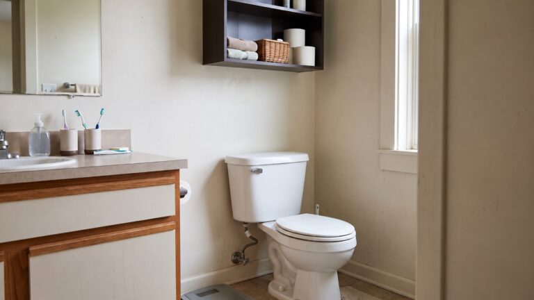 Ordinary bathroom with a toilet beneath wall-mounted storage, showing the vertical area available for above-toilet storage.